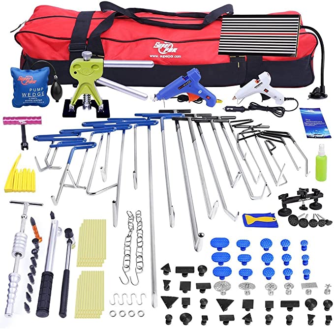 A red bag of specialty tools to repair car dents, all tools are laid out to view.