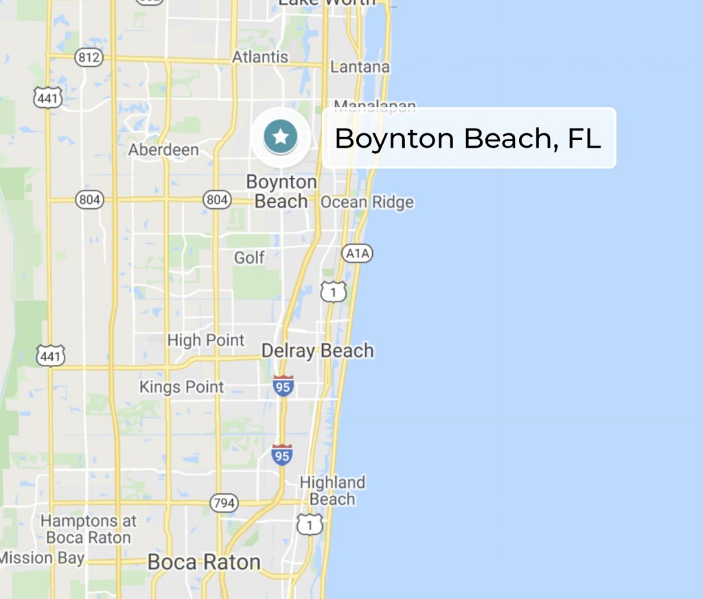 Illustration of a map of Boynton Beach, Florida, with a star indicating the location.