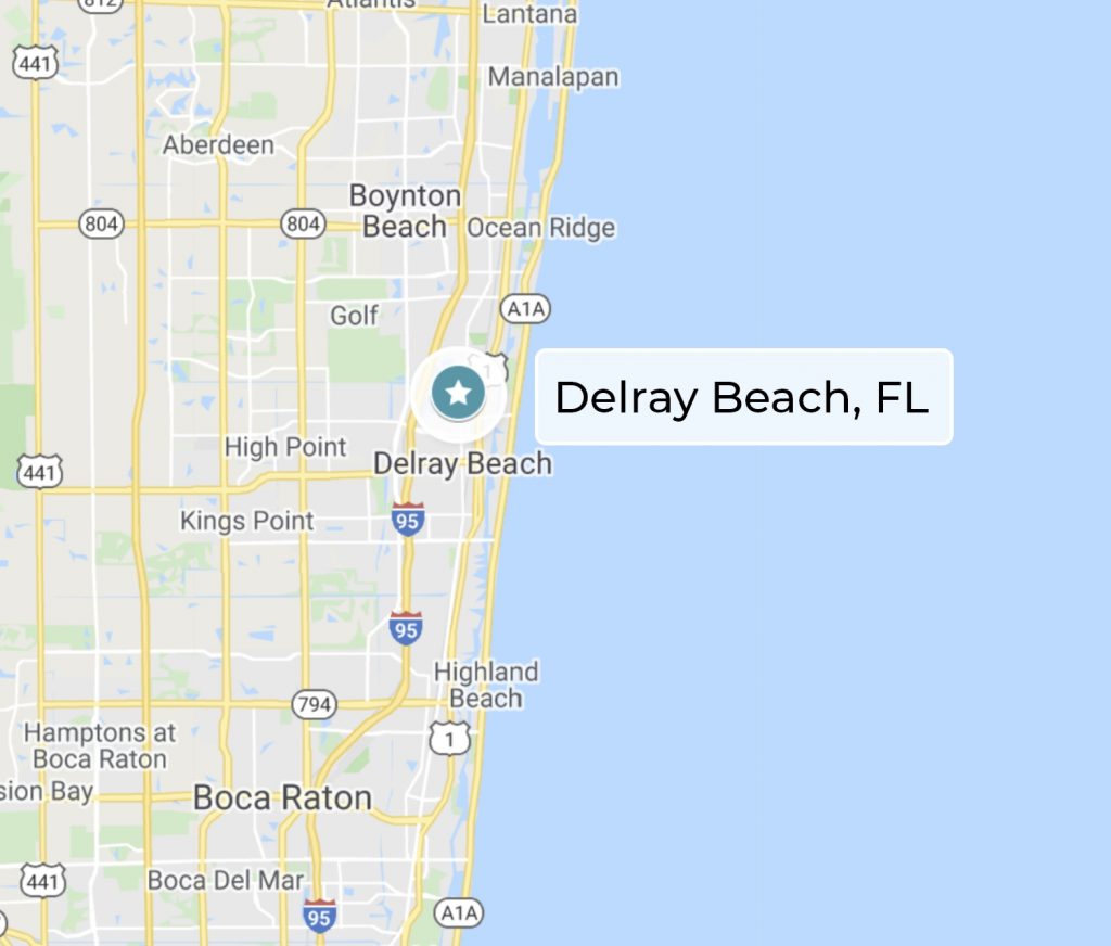 A map of Delray Beach, Florida, with a start indicating the location.