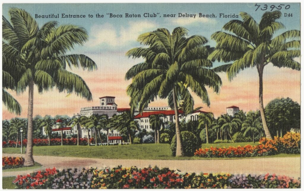 A vintage postcard image of the Boca Raton Club in Boca Raton, FL. with palm trees and tropical flowers.