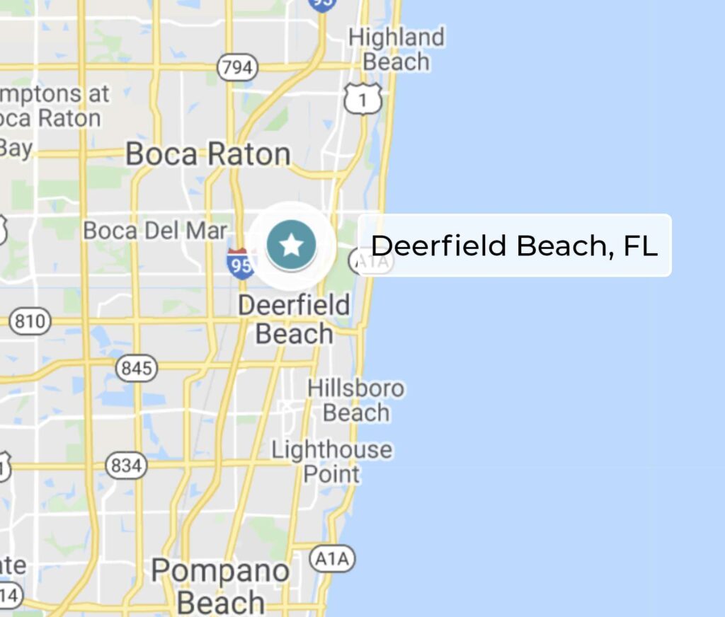 Google Map image of Deerfield Beach, FL, with a star to designate the location.