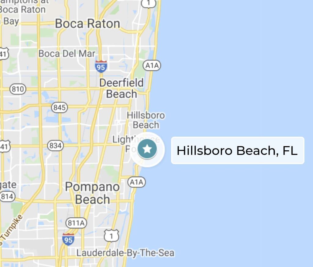 Google Map image of Hillsboro Beach, FL, with a star to designate the location.