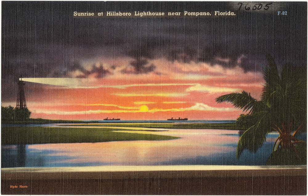 Vintage postcard of Sunrise at Hillsboro Lighthouse circa 1950 from The Tichnor Brothers Collection, Boston Public Library