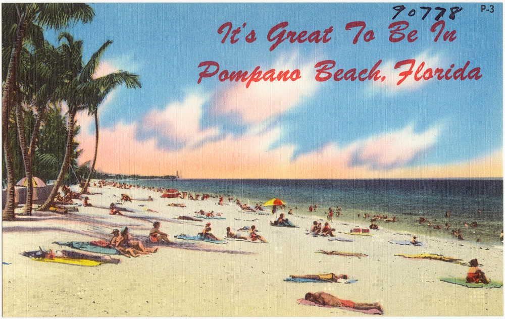 Vintage postcard pompano beach sunbathers circa 1940 with people laying on the beach