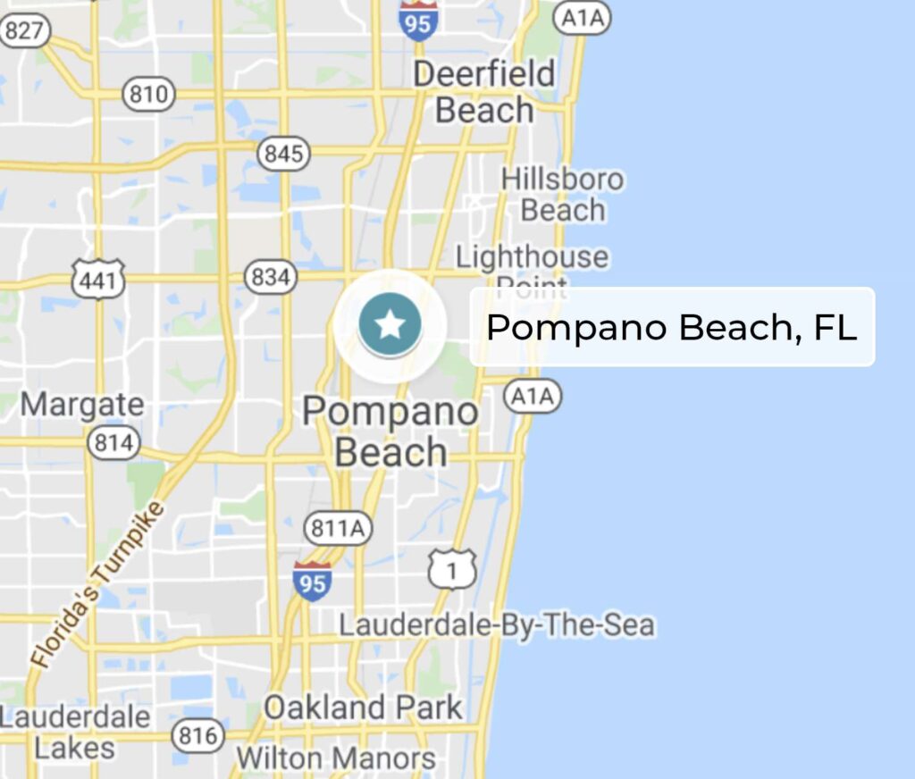 Google Map image of Pompano, Beach, Florida, with a star to designate the location.