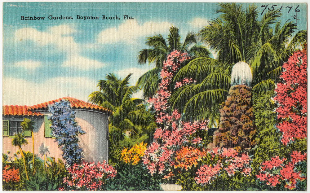 A vintage postcard image of the Rainbow Garden in Boynton Beach, FL. with tropical flowers up against a house.