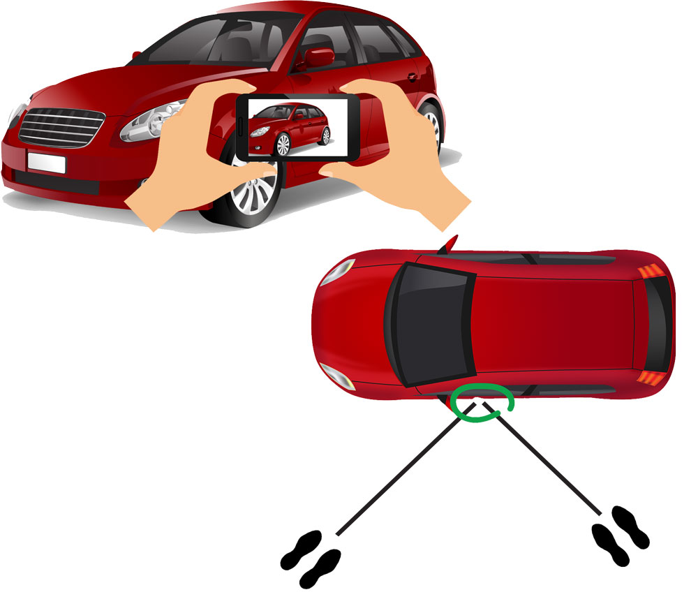 A red car illustration with hands taking a photo of the dent in the car.